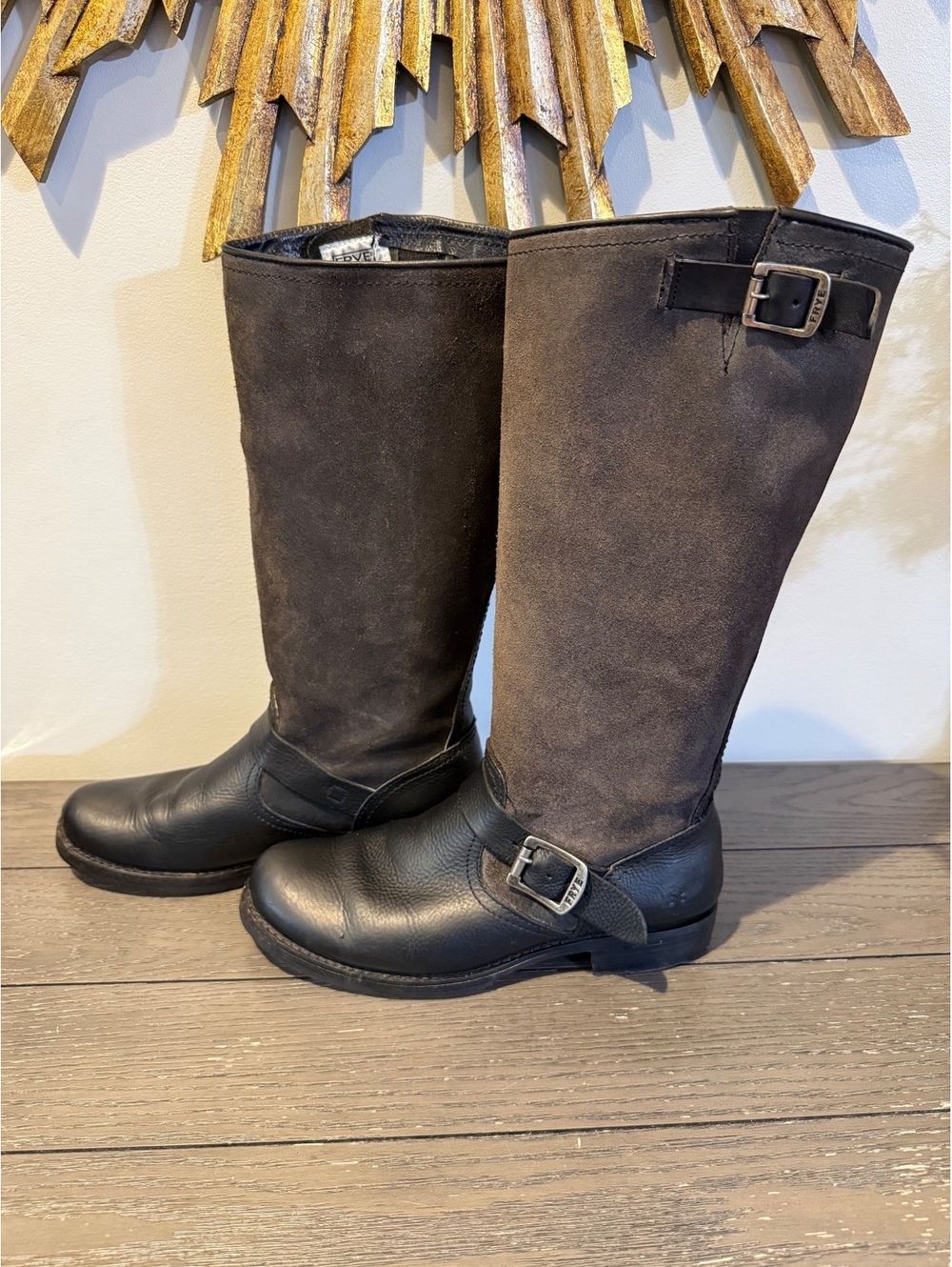Frye Black and Charcoal Leather Suede Buckle Boots Women’s Size 9